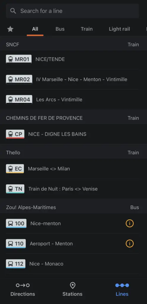 List of train lines in Nice on Moovit