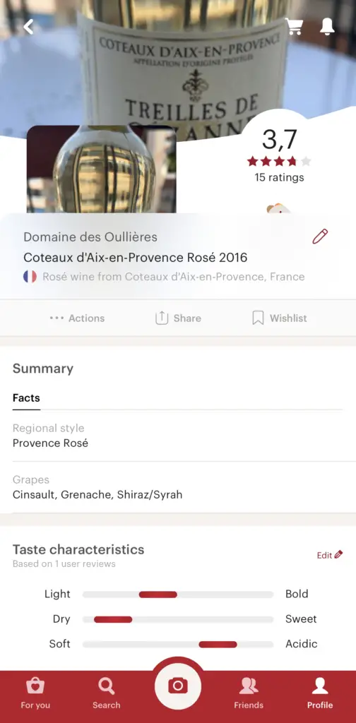 Wine description and rating in Vivino app